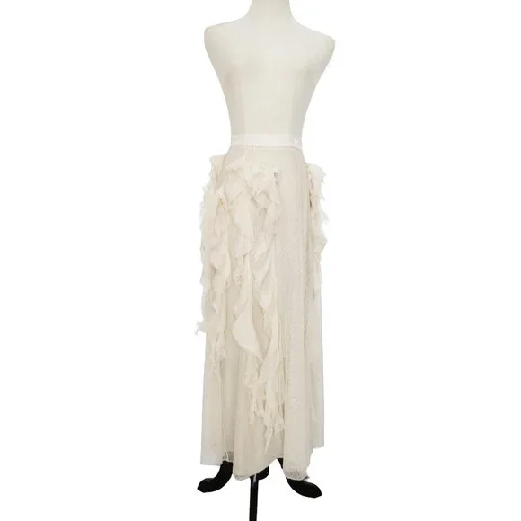 CHRISTIAN DIOR Beige Silk Tulle Ruffled Asymmetric Midi A-Line Sheer Skirt 36 - Picture 2 of 8